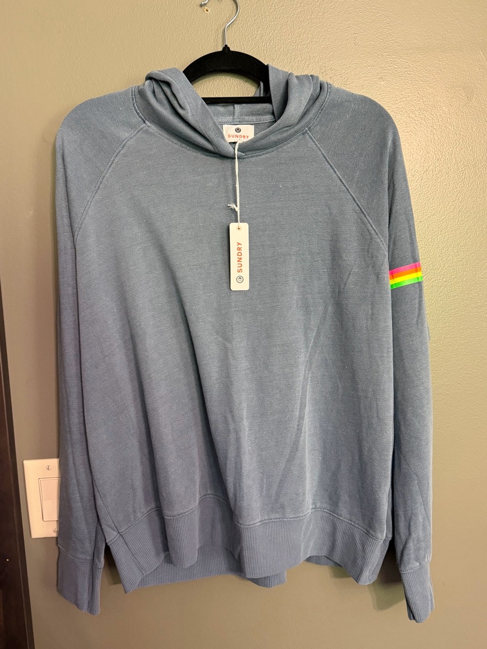 NWT SUNDRY Slate Blue Mineral Wash Neon Rainbow Stripe Hoodie L 3